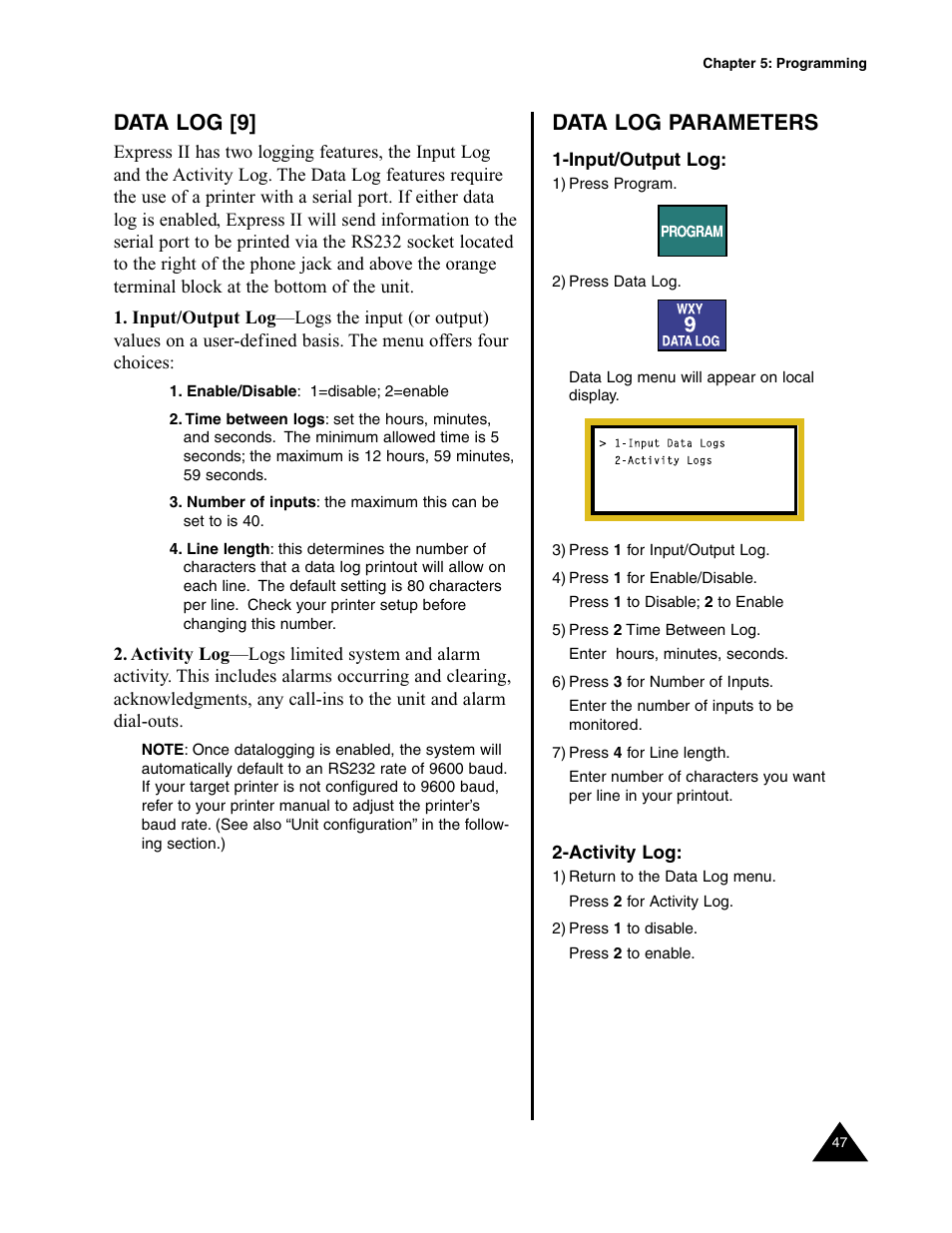 Data log [9, Data log, Data log parameters | Sensaphone Express II User Manual | Page 49 / 94