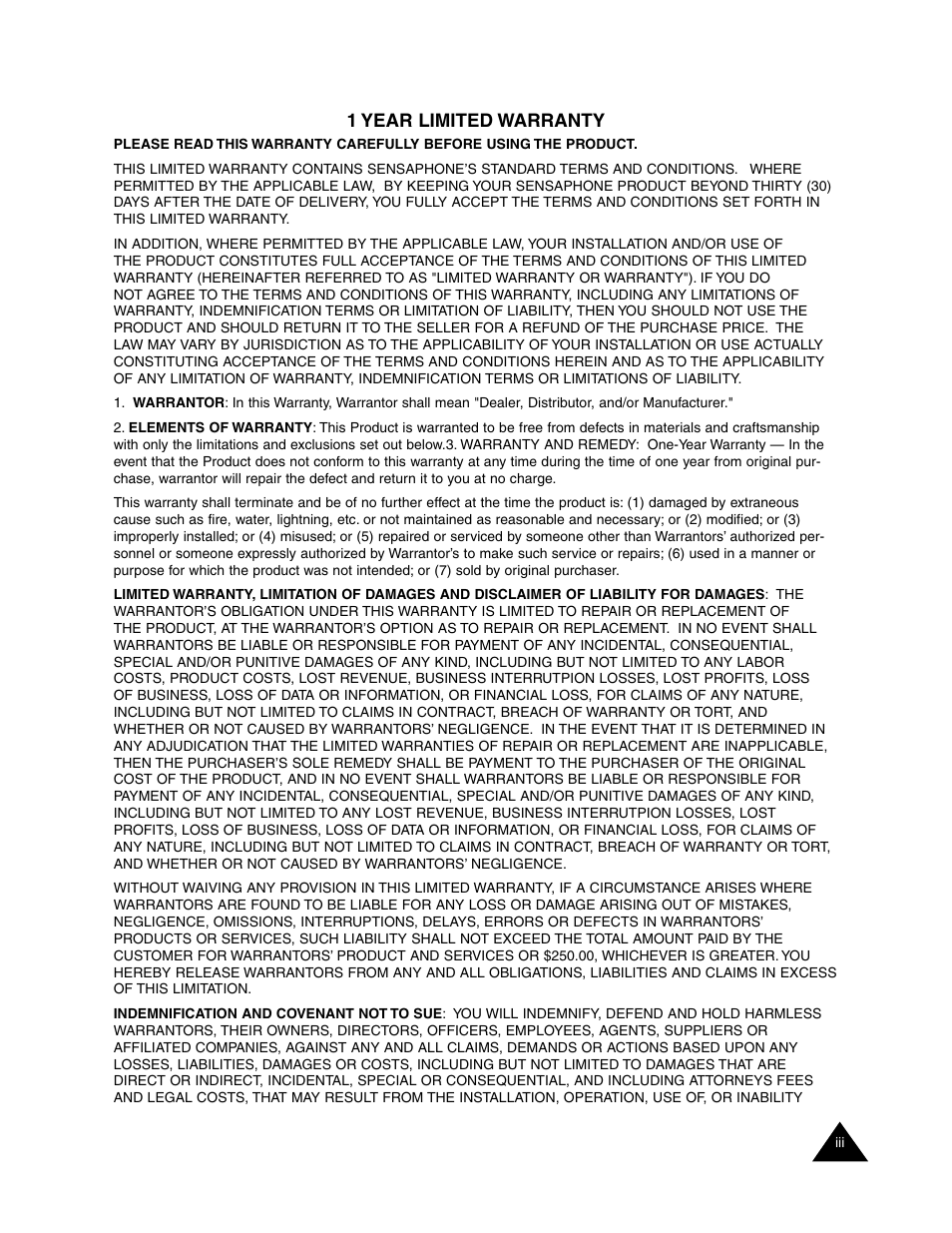 1 year limited warranty | Sensaphone Express II User Manual | Page 5 / 94