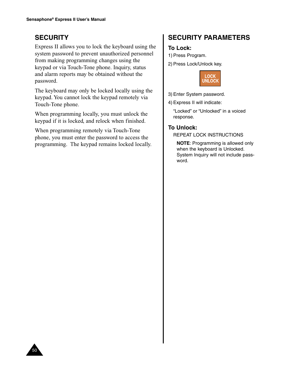Security, Security parameters | Sensaphone Express II User Manual | Page 52 / 94