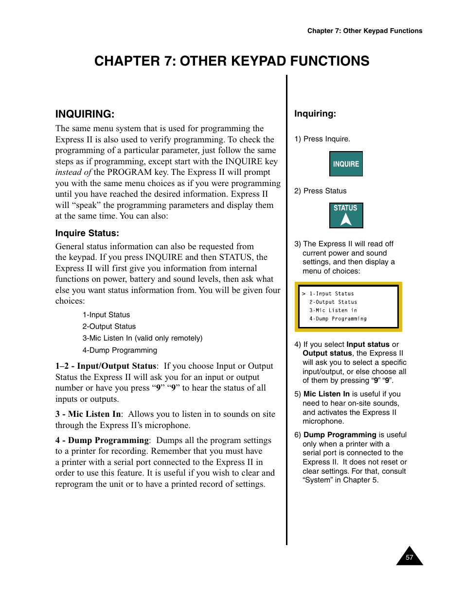 Chapter 7: other keypad functions, Inquiring, Inquire status | Sensaphone Express II User Manual | Page 59 / 94