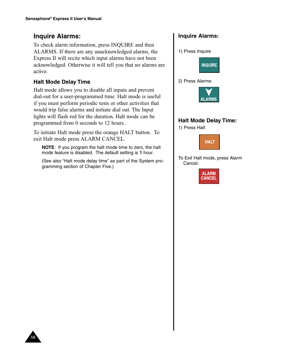 Inquire alarms, Halt mode delay time | Sensaphone Express II User Manual | Page 60 / 94