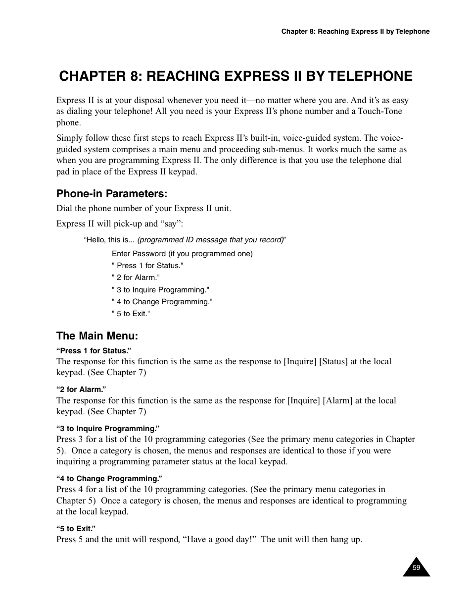 Chapter 8: reaching express ii by telephone, Phone-in parameters, The main menu | Phone-in parameters: the main menu | Sensaphone Express II User Manual | Page 61 / 94