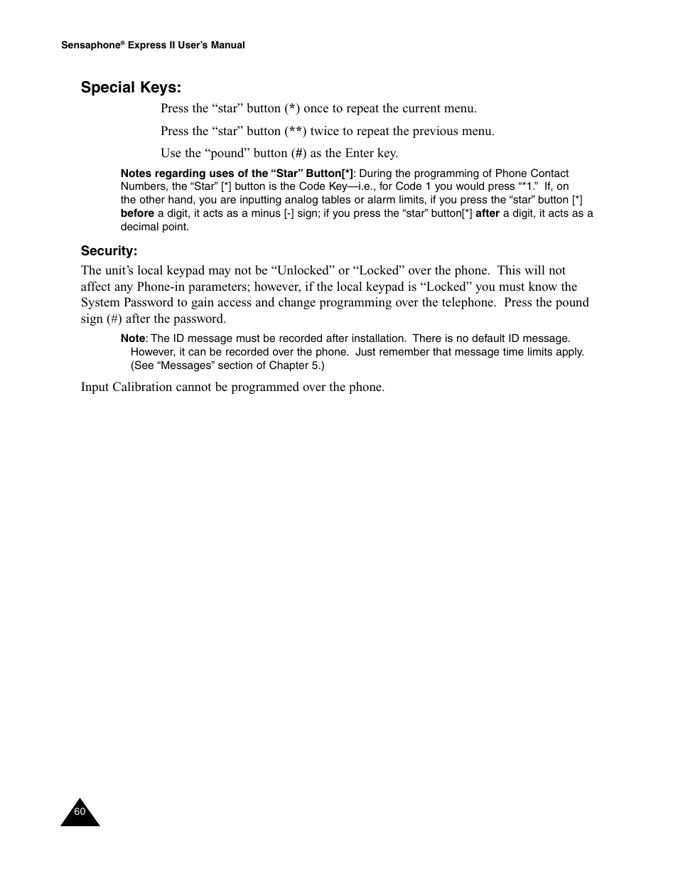 Special keys, Security | Sensaphone Express II User Manual | Page 62 / 94