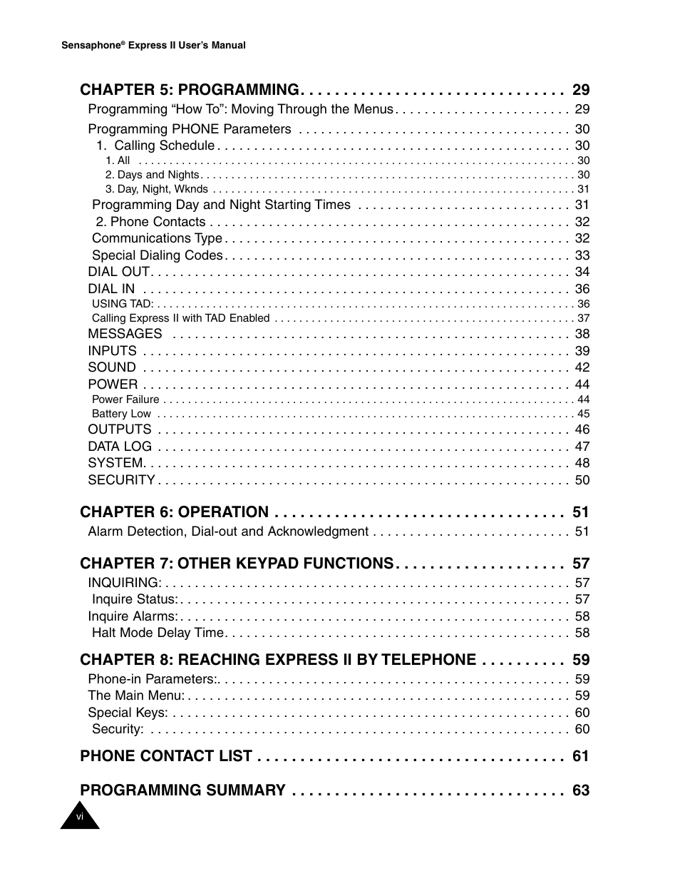 Chapter 5: programming, Chapter 6: operation, Chapter 7: other keypad functions | Chapter 8: reaching express ii by telephone, Phone contact list programming summary | Sensaphone Express II User Manual | Page 8 / 94