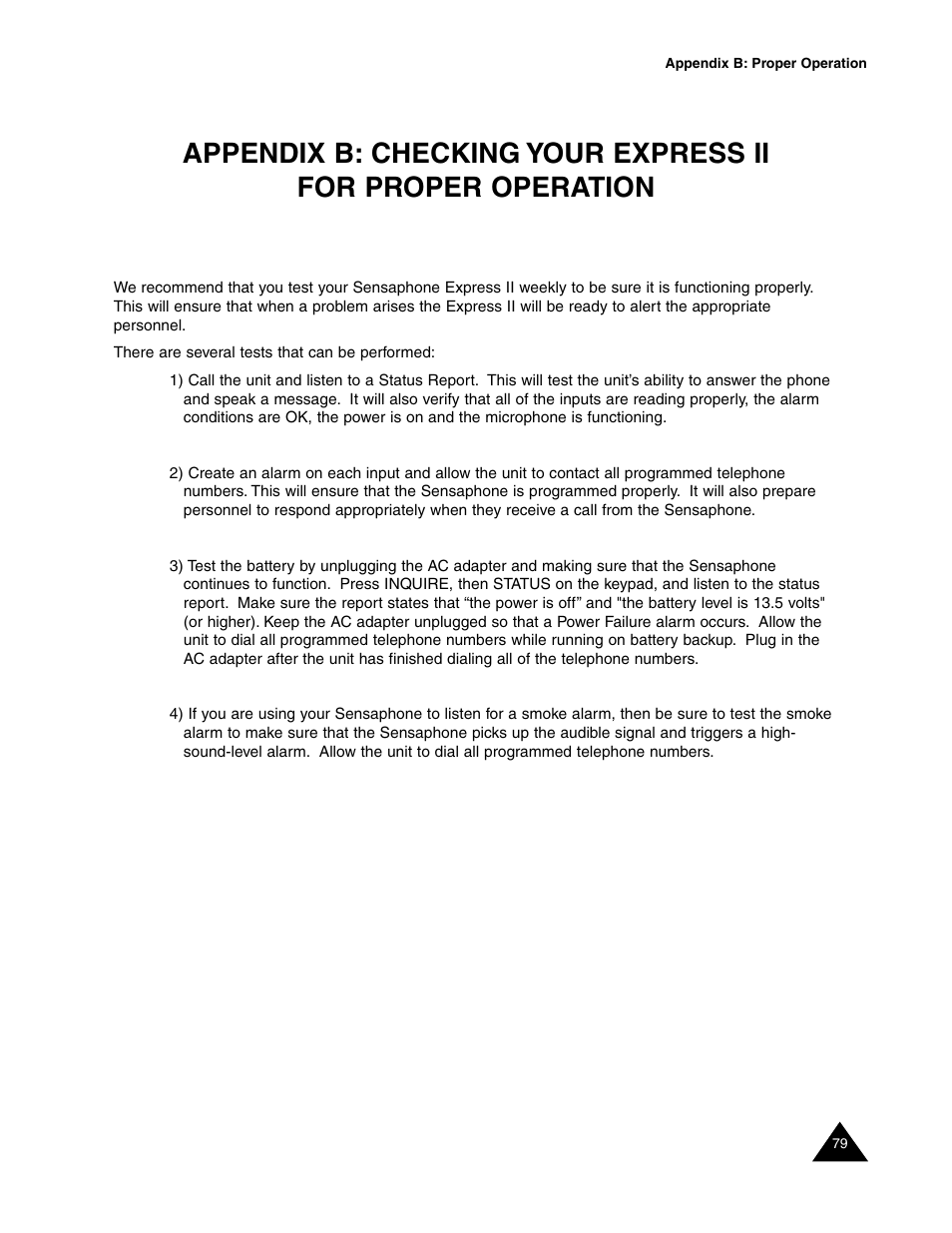 Appendix b: checking your express ii, For proper operation, Appendix b: checking for proper operation | Sensaphone Express II User Manual | Page 81 / 94