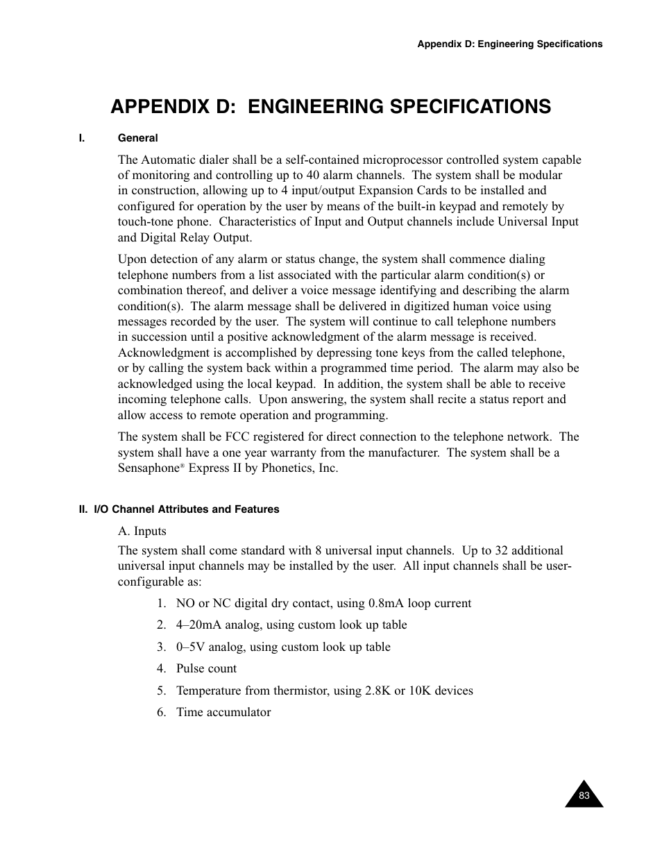 Appendix d: engineering specifications | Sensaphone Express II User Manual | Page 85 / 94