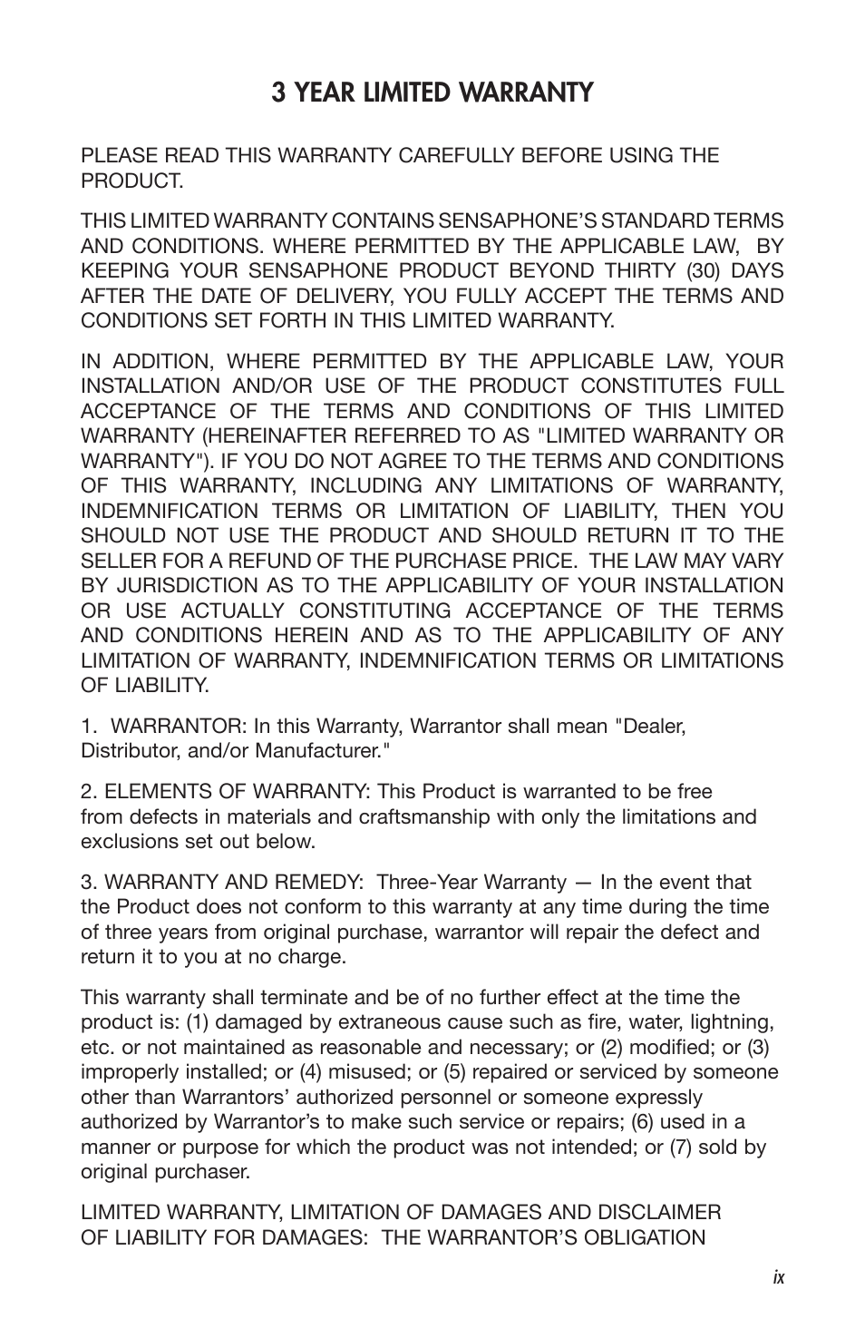 3 year limited warranty | Sensaphone 2800 User Manual | Page 11 / 186
