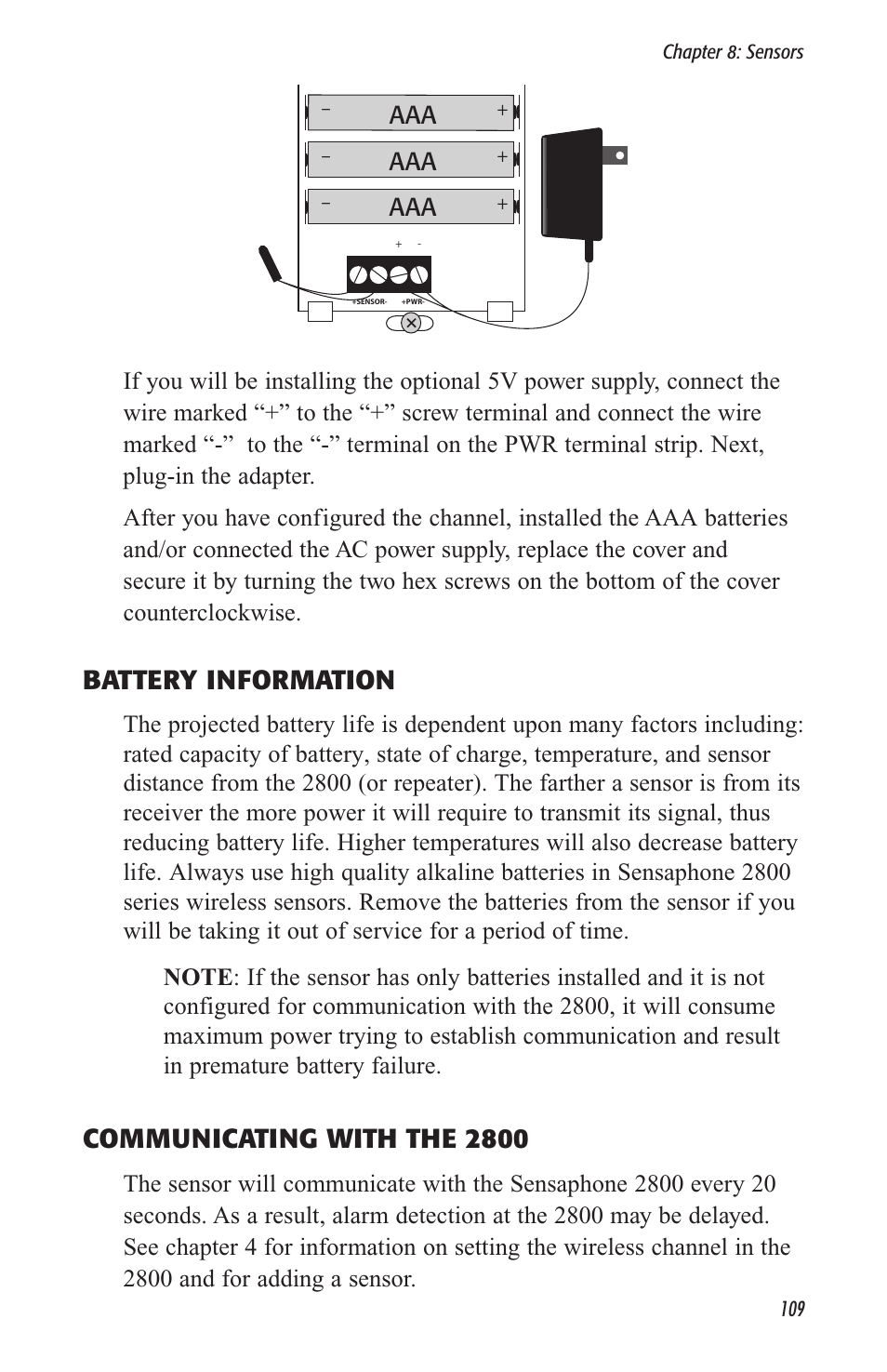 Battery information, Communicating with the 2800, Aaa aaa aaa | Sensaphone 2800 User Manual | Page 111 / 186