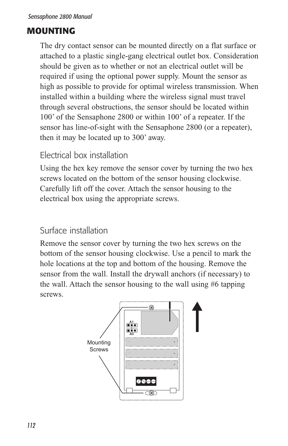 Mounting, Electrical box installation, Surface installation | Sensaphone 2800 User Manual | Page 114 / 186