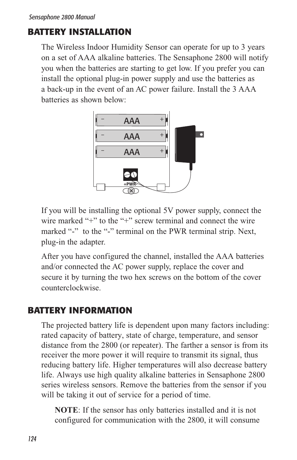 Battery installation, Battery information | Sensaphone 2800 User Manual | Page 126 / 186