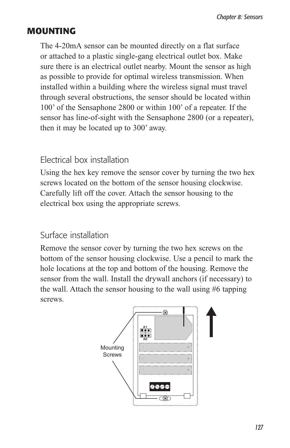 Mounting, Electrical box installation, Surface installation | Sensaphone 2800 User Manual | Page 129 / 186