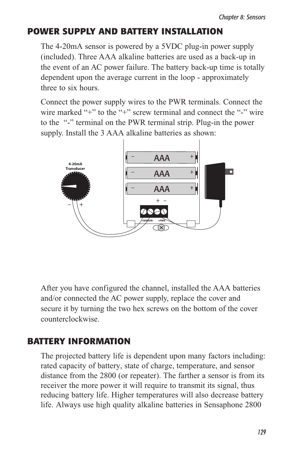 Power supply and battery installation, Battery information, Aaa aaa aaa | Sensaphone 2800 User Manual | Page 131 / 186