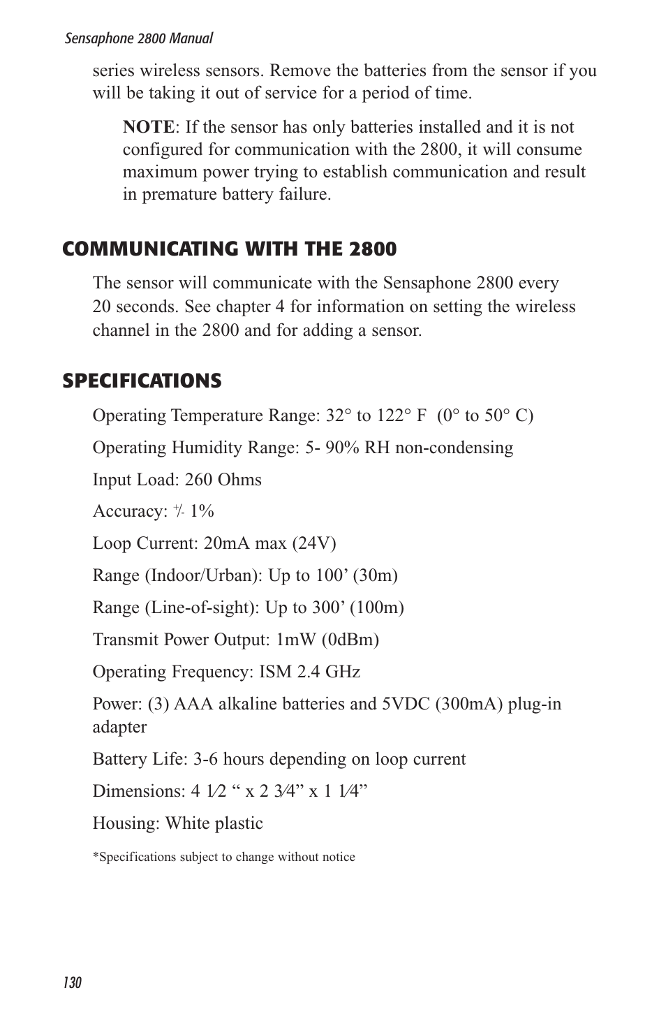 Communicating with the 2800, Specifications | Sensaphone 2800 User Manual | Page 132 / 186