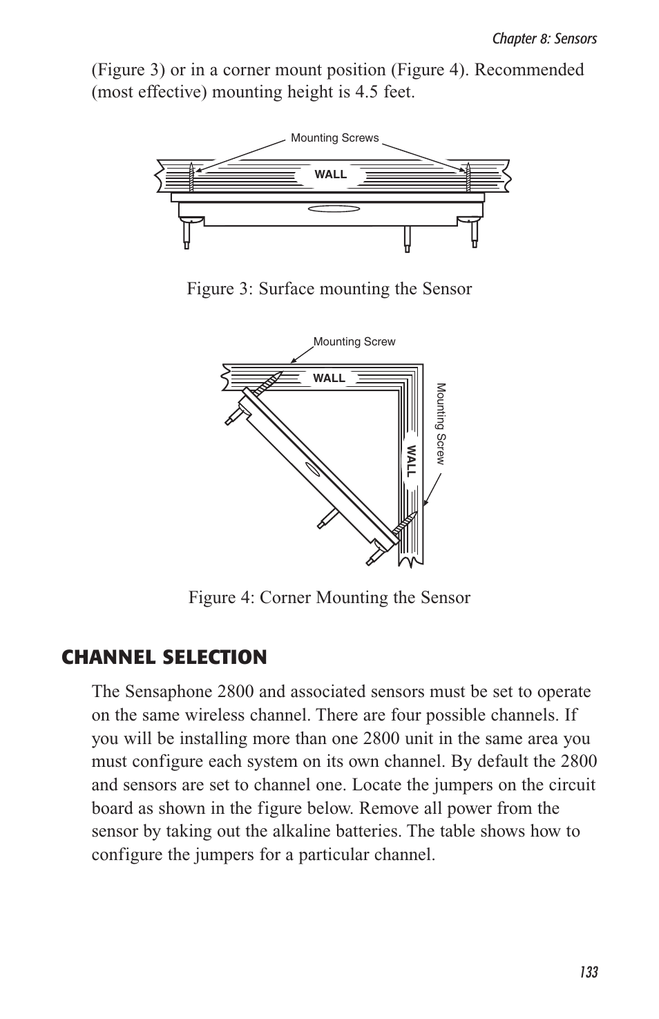 Channel selection, Figure 3: surface mounting the sensor, Figure 4: corner mounting the sensor | Sensaphone 2800 User Manual | Page 135 / 186