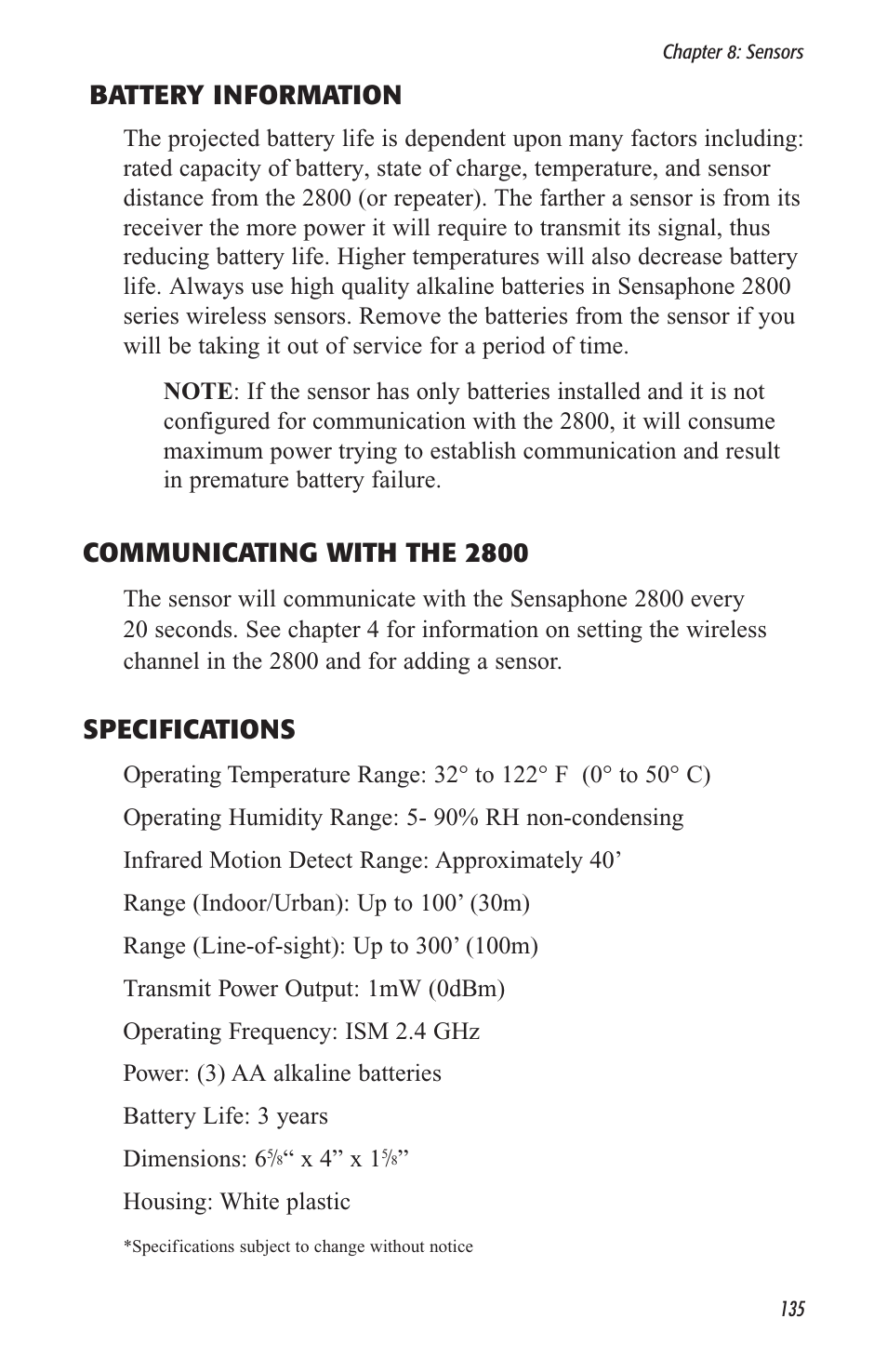 Battery information, Communicating with the 2800, Specifications | Sensaphone 2800 User Manual | Page 137 / 186