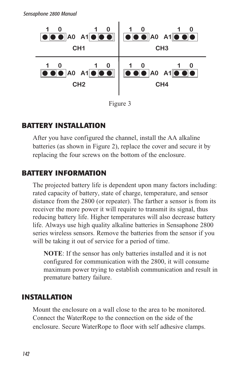 Battery installation, Battery information, Installation | Sensaphone 2800 User Manual | Page 144 / 186