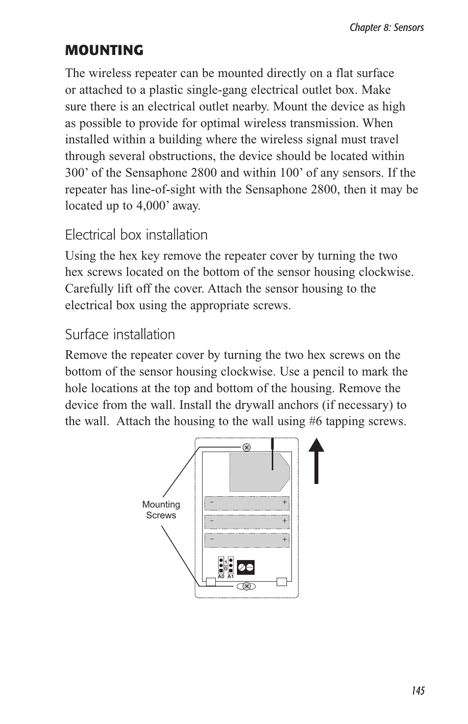 Mounting, Electrical box installation, Surface installation | Sensaphone 2800 User Manual | Page 147 / 186