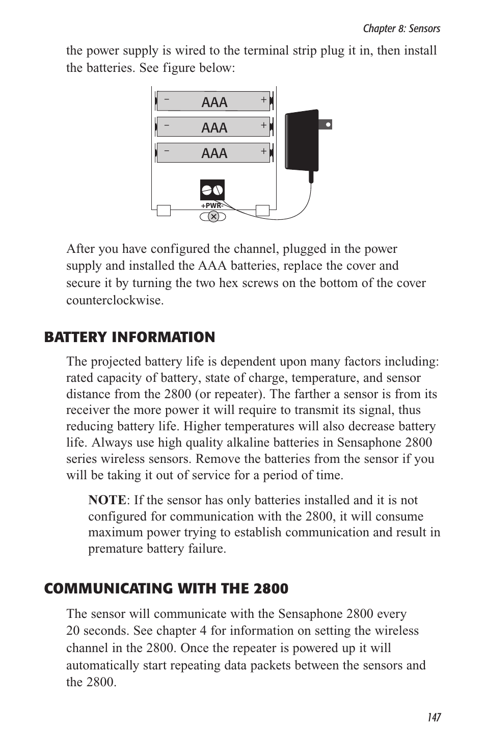 Battery information, Communicating with the 2800 | Sensaphone 2800 User Manual | Page 149 / 186