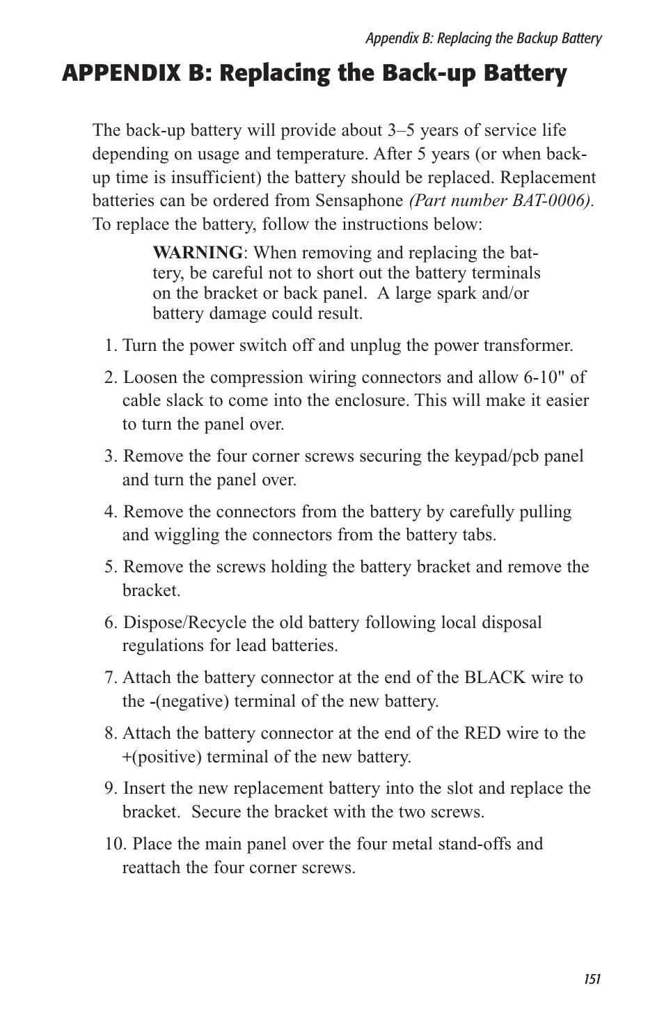 Appendix b: replacing the back-up battery | Sensaphone 2800 User Manual | Page 153 / 186