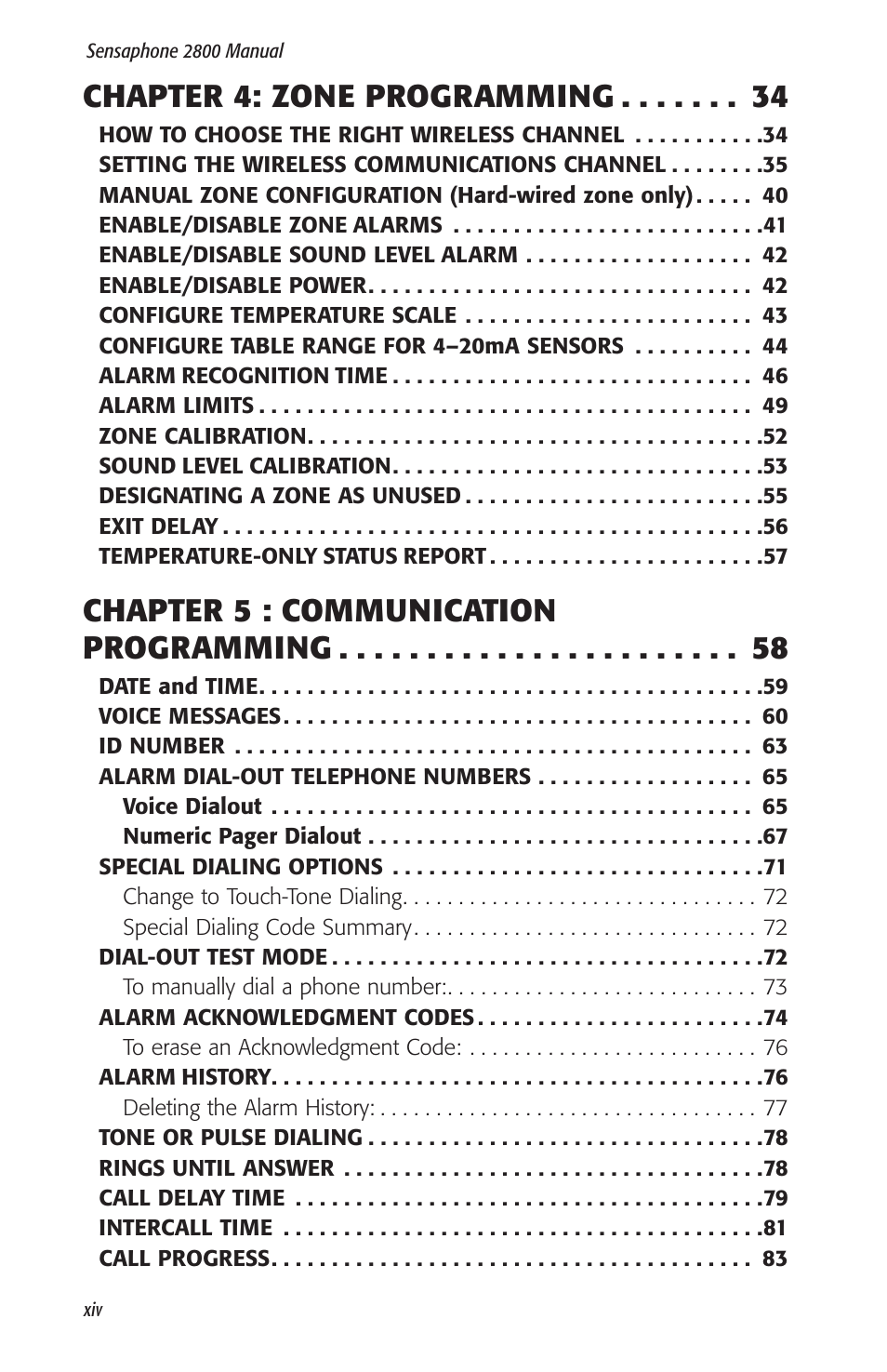 Chapter 4: zone programming, Chapter 5 : communication programming | Sensaphone 2800 User Manual | Page 16 / 186