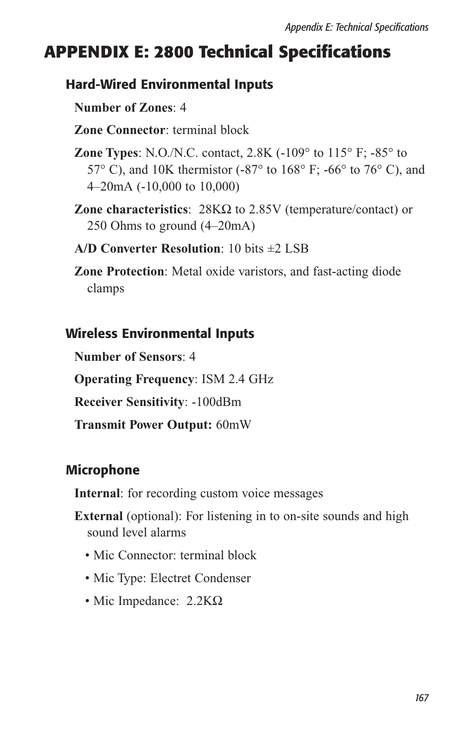 Appendix e: 2800 technical specifications | Sensaphone 2800 User Manual | Page 169 / 186