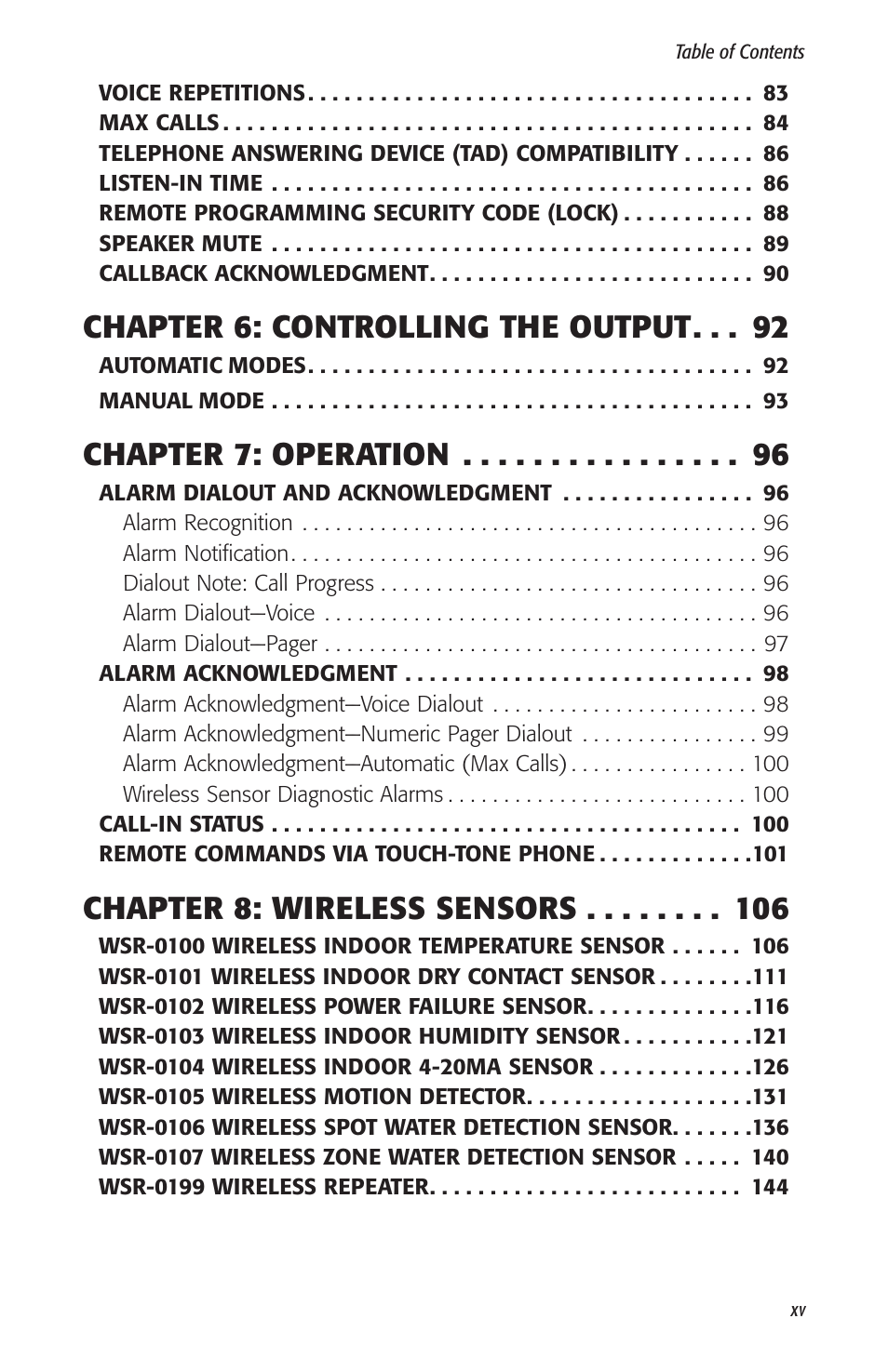 Chapter 6: controlling the output, Chapter 7: operation, Chapter 8: wireless sensors | Sensaphone 2800 User Manual | Page 17 / 186