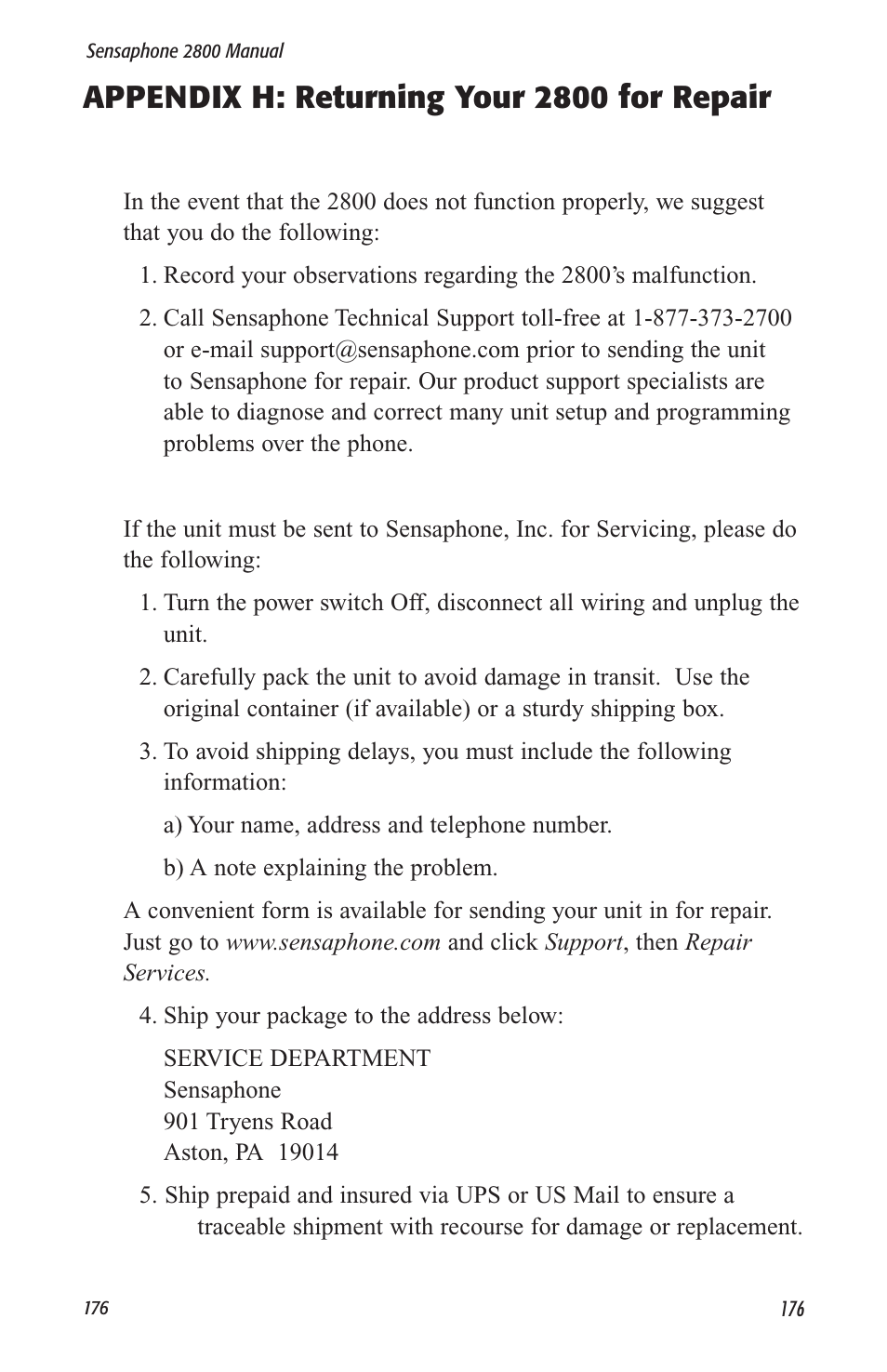 Appendix h: returning your 2800 for repair | Sensaphone 2800 User Manual | Page 178 / 186