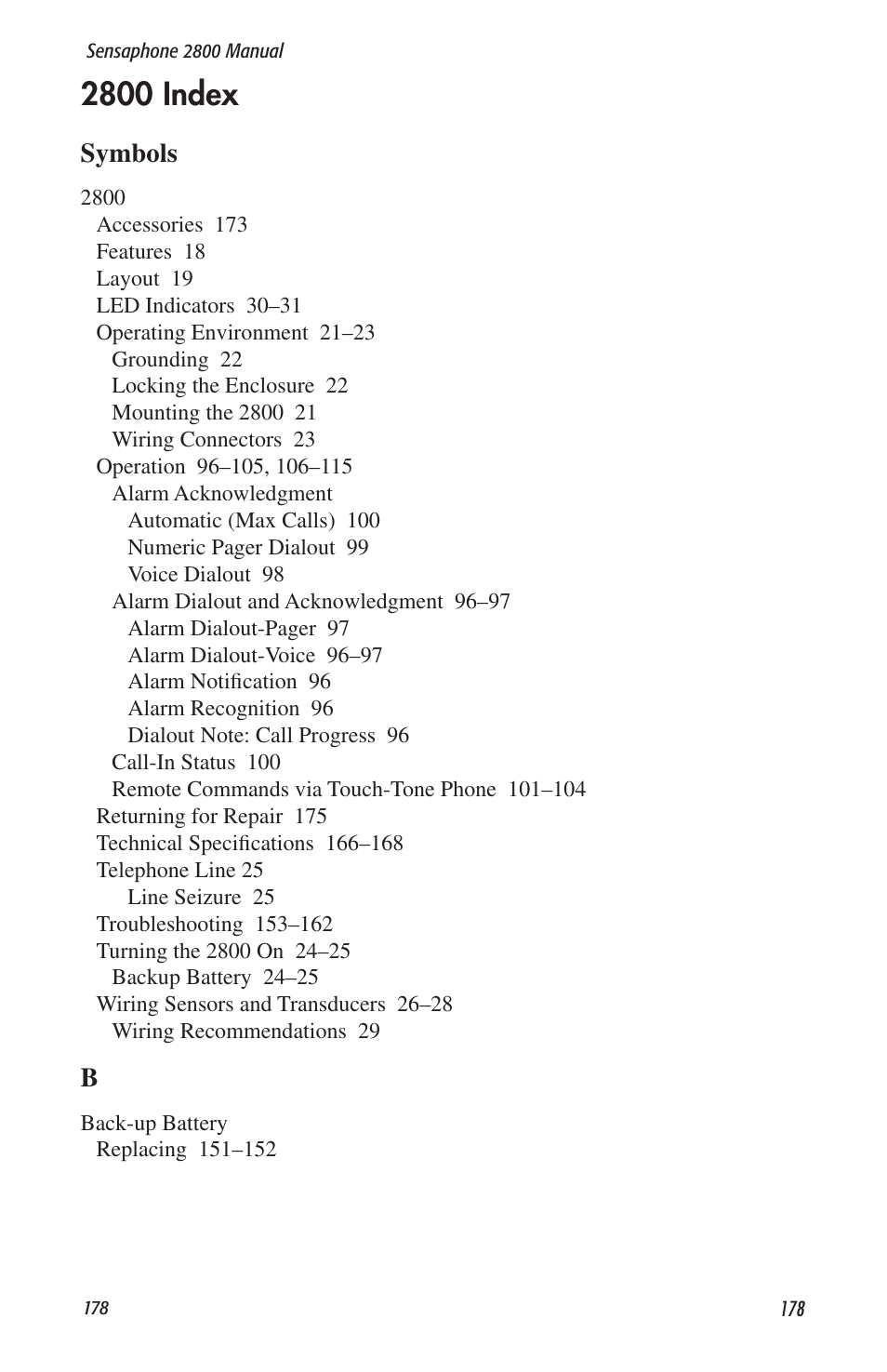 2800 index, Symbols | Sensaphone 2800 User Manual | Page 180 / 186