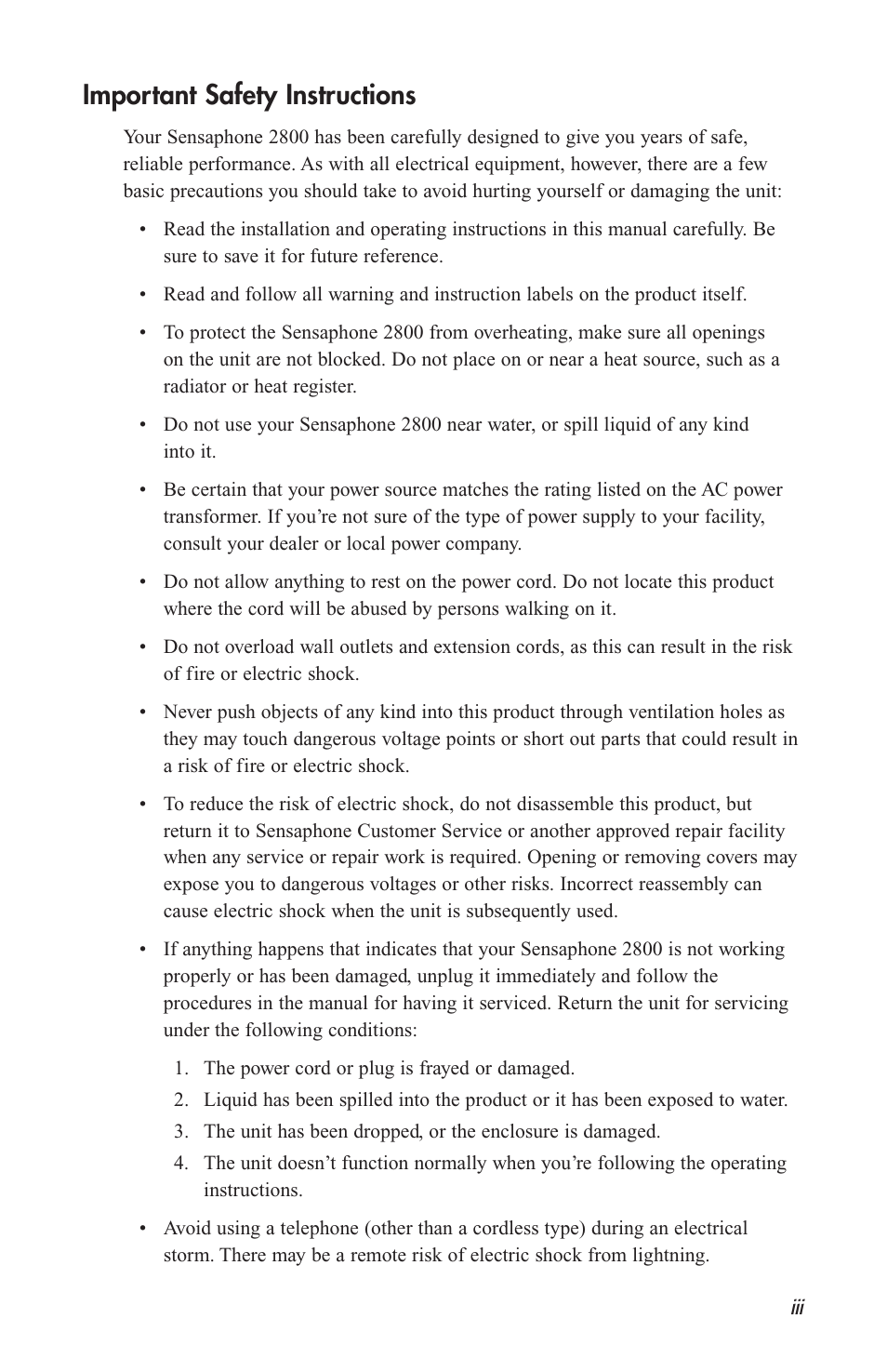Important safety instructions | Sensaphone 2800 User Manual | Page 5 / 186