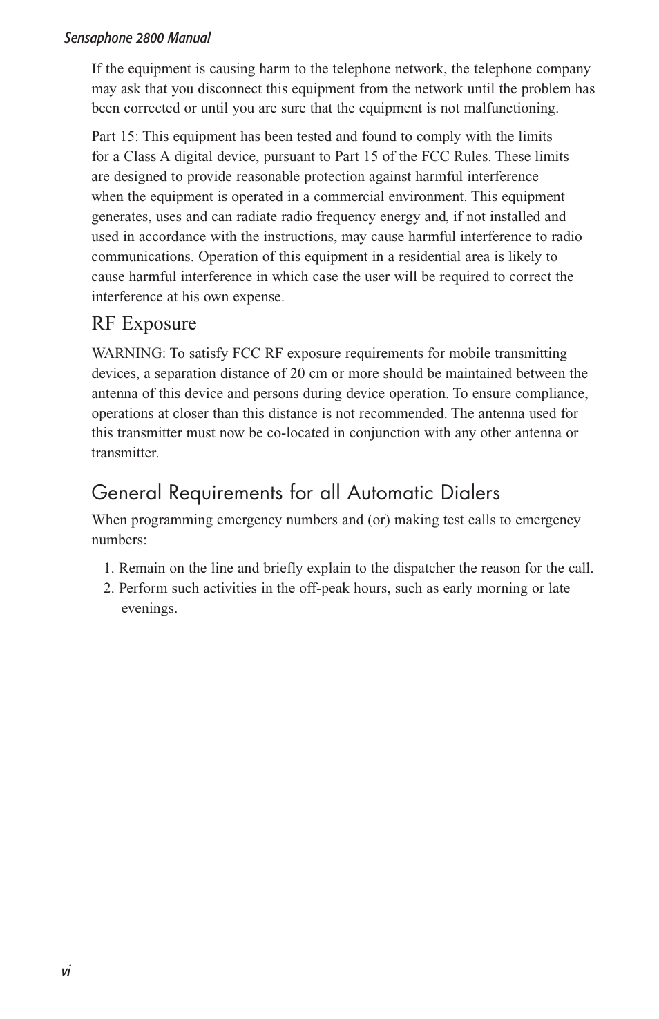 Rf exposure, General requirements for all automatic dialers | Sensaphone 2800 User Manual | Page 8 / 186