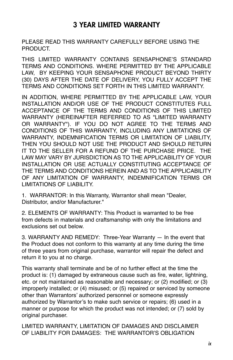 3 year limited warranty | Sensaphone 1800 User Manual | Page 11 / 133