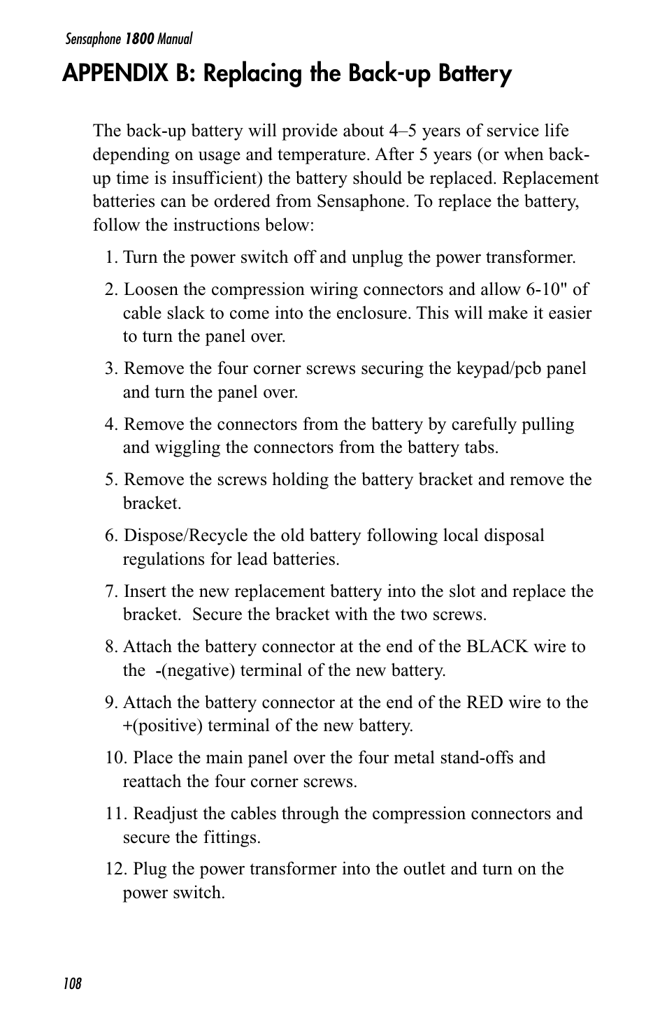 Appendix b: replacing the back-up battery | Sensaphone 1800 User Manual | Page 110 / 133