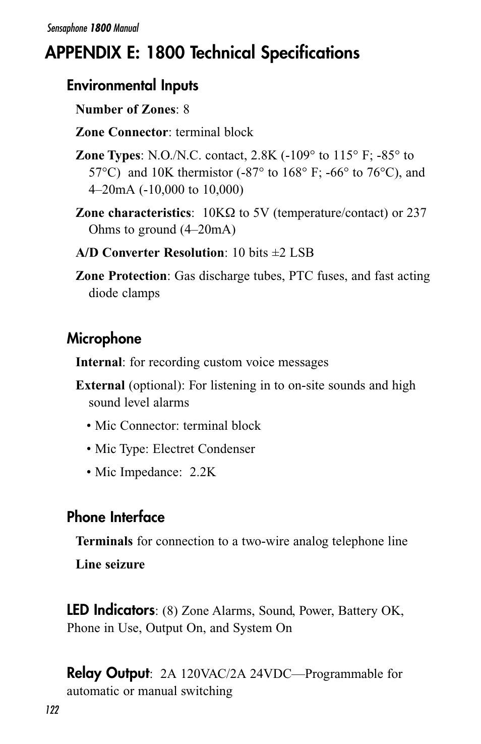 Appendix e: 1800 technical specifications | Sensaphone 1800 User Manual | Page 124 / 133