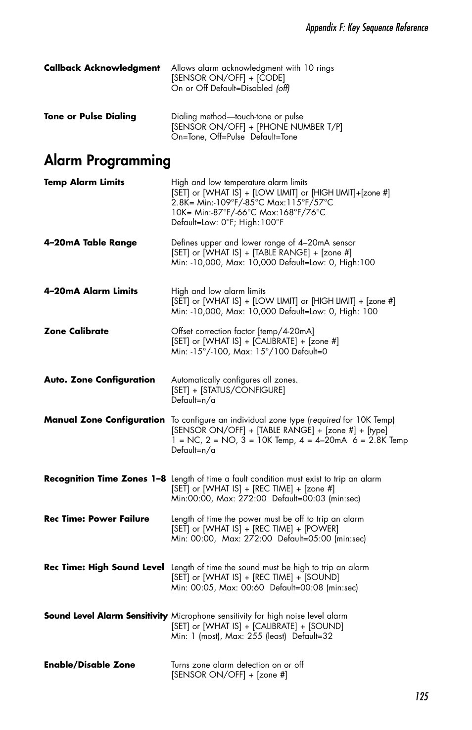 Alarm programming, Appendix f: key sequence reference 125 | Sensaphone 1800 User Manual | Page 127 / 133