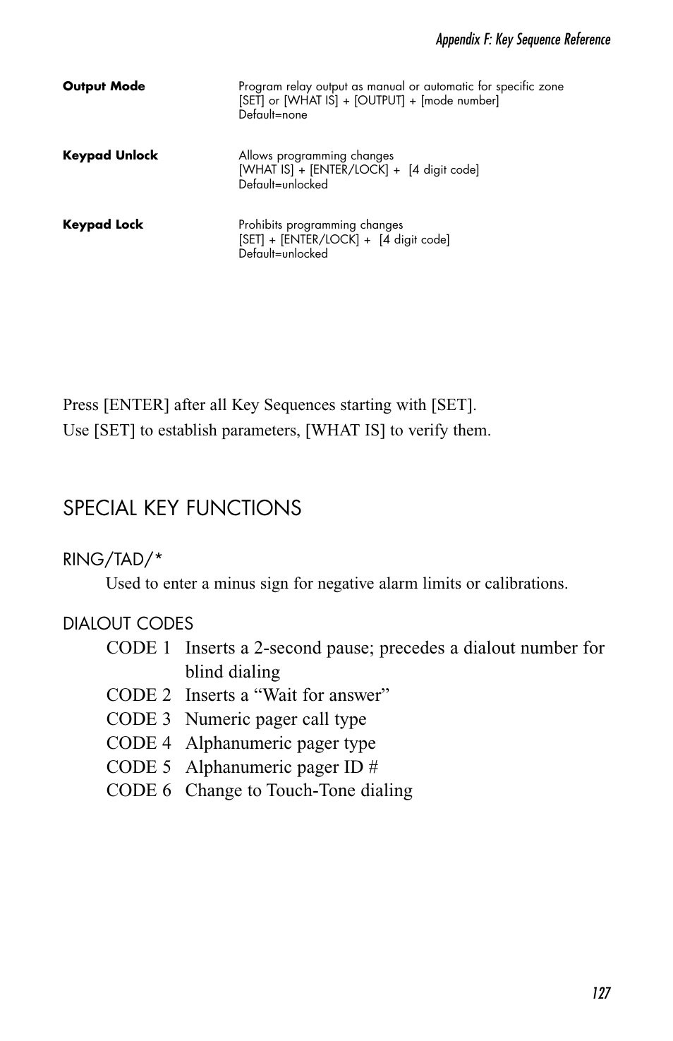 Special key functions | Sensaphone 1800 User Manual | Page 129 / 133