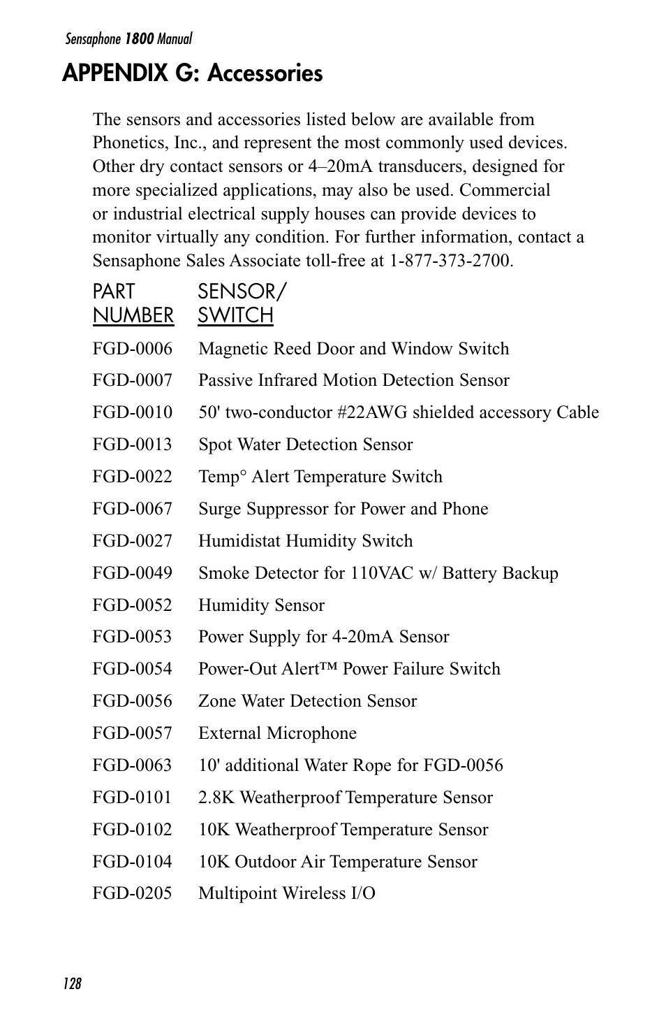 Appendix g: accessories | Sensaphone 1800 User Manual | Page 130 / 133