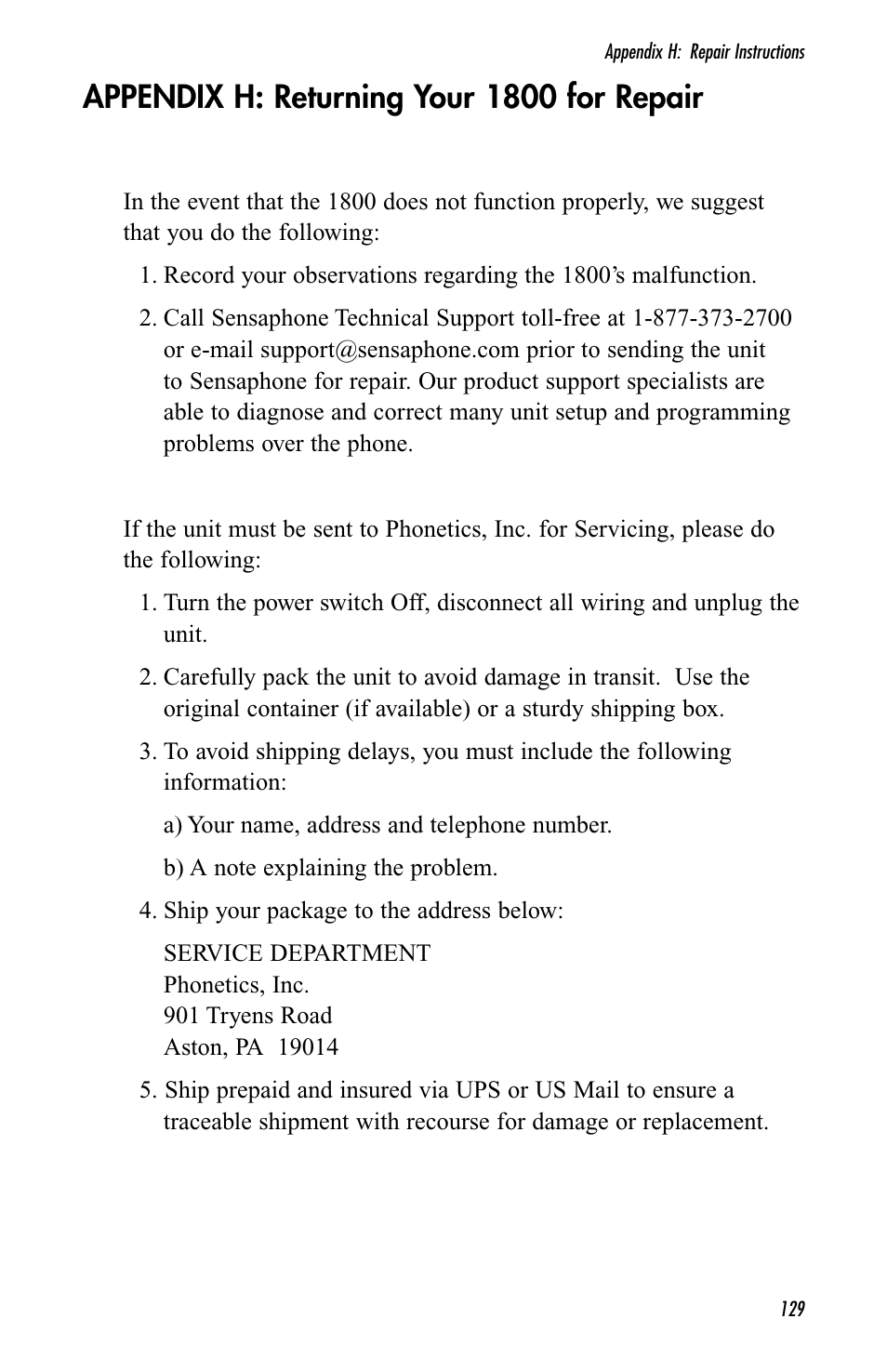 Appendix h: returning your 1800 for repair | Sensaphone 1800 User Manual | Page 131 / 133