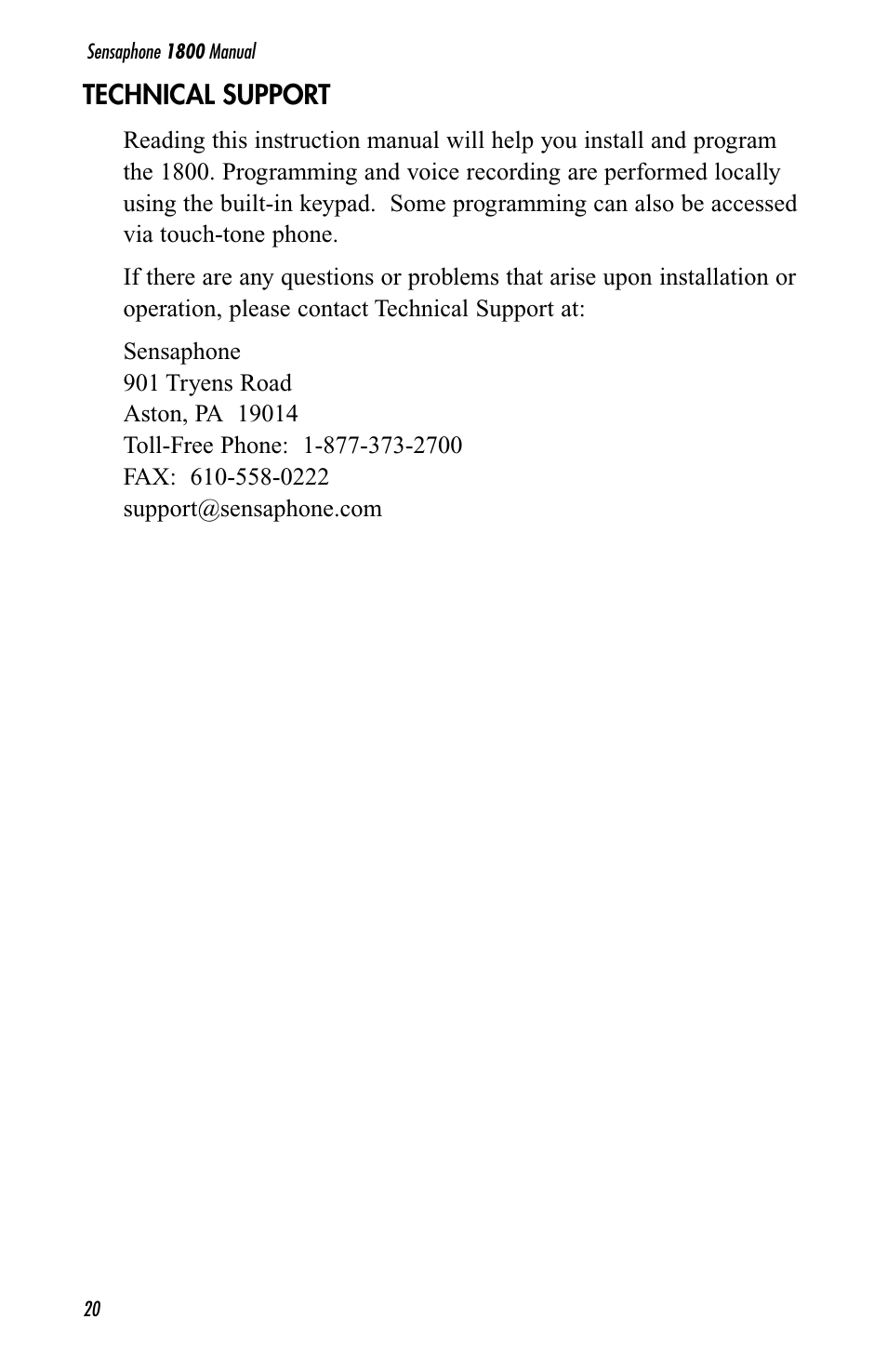 Technical support | Sensaphone 1800 User Manual | Page 22 / 133