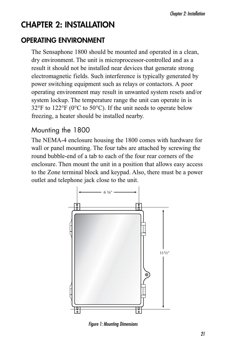 Chapter 2: installation, Operating environment, Mounting the 1800 | Sensaphone 1800 User Manual | Page 23 / 133