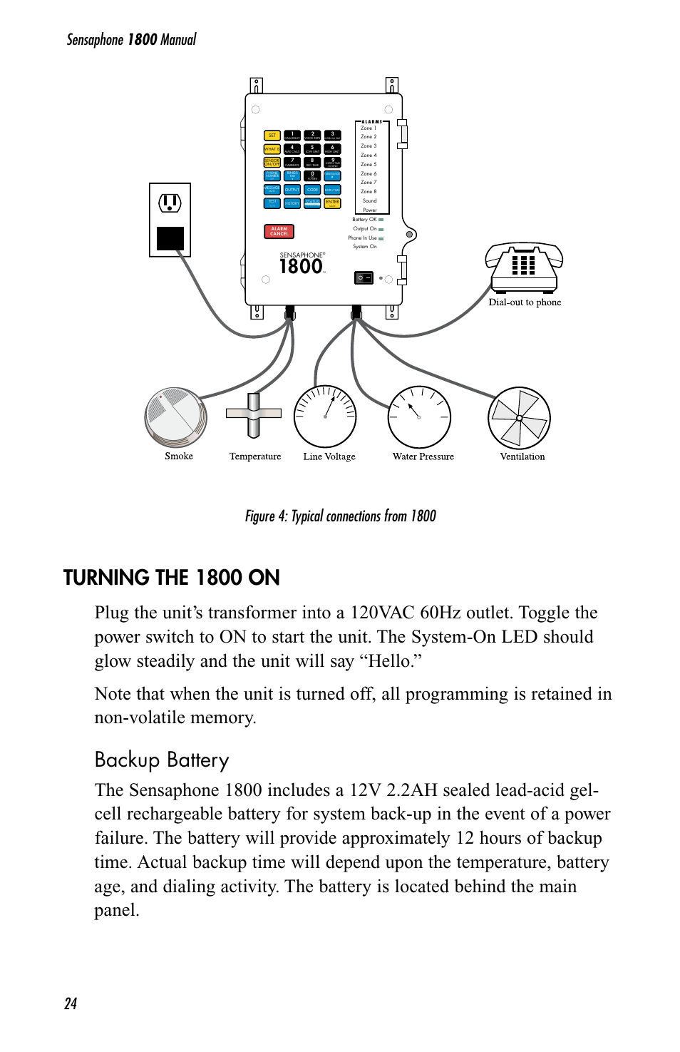 Turning the 1800 on, Backup battery | Sensaphone 1800 User Manual | Page 26 / 133