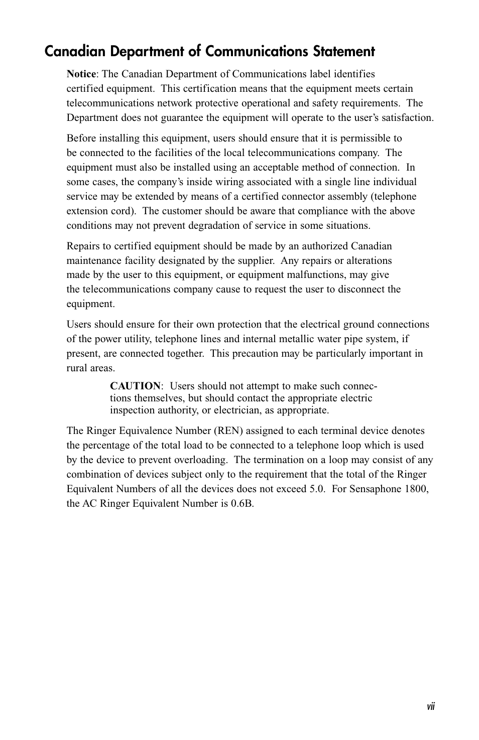 Canadian department of communications statement | Sensaphone 1800 User Manual | Page 9 / 133