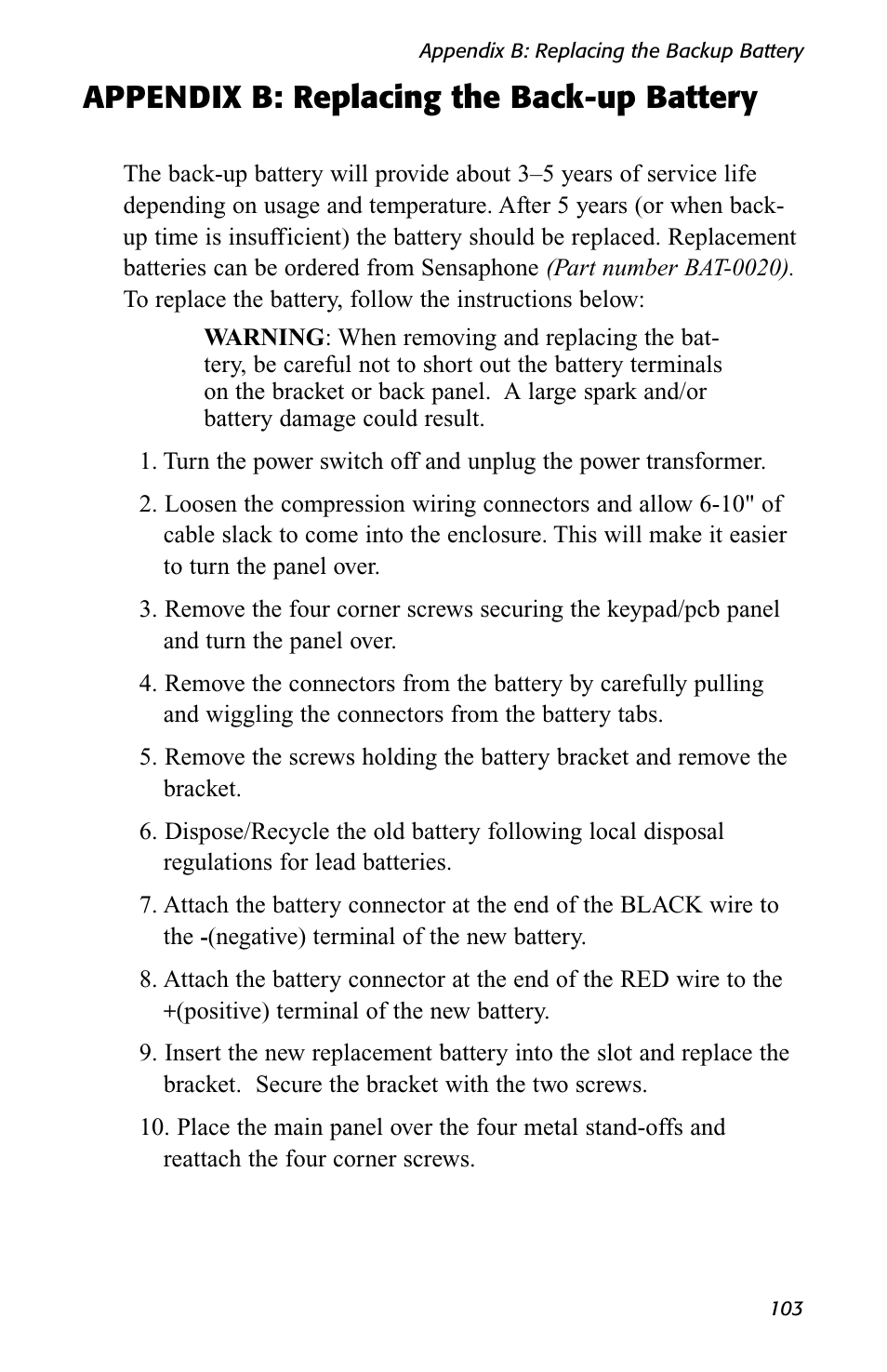 Appendix b: replacing the back-up battery | Sensaphone 1400 User Manual | Page 105 / 130