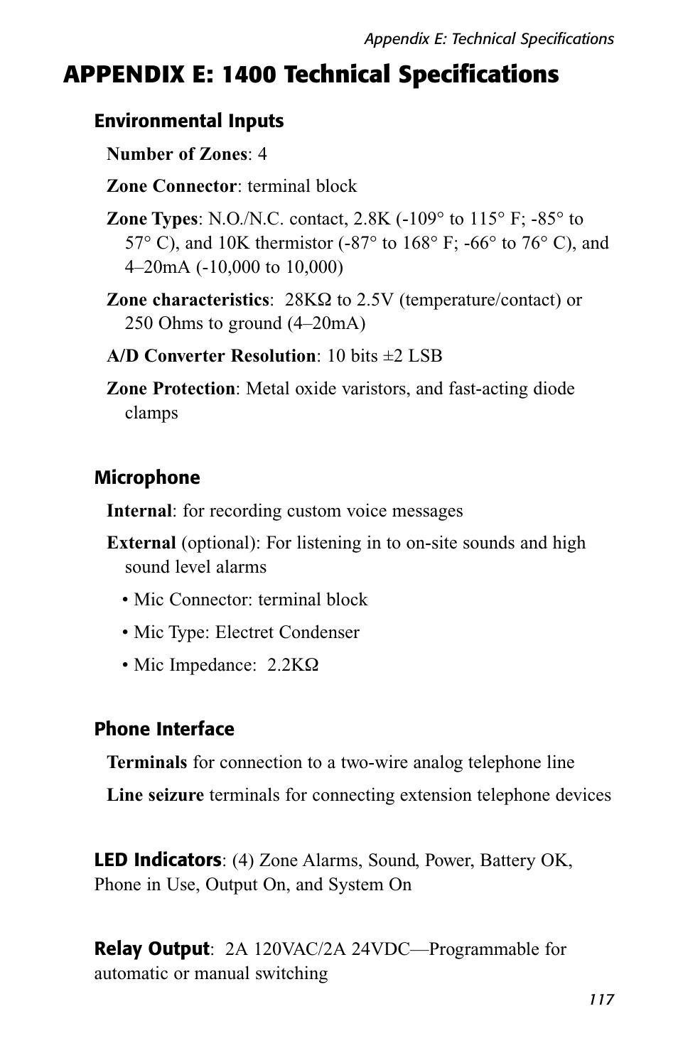 Appendix e: 1400 technical specifications | Sensaphone 1400 User Manual | Page 119 / 130