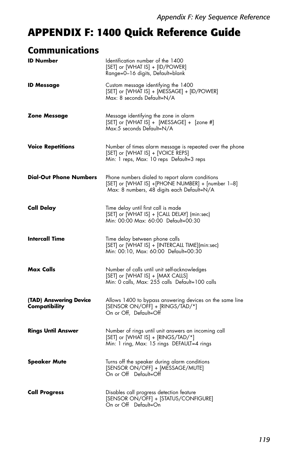 Appendix f: 1400 quick reference guide, Communications, Appendix f: key sequence reference 119 | Sensaphone 1400 User Manual | Page 121 / 130