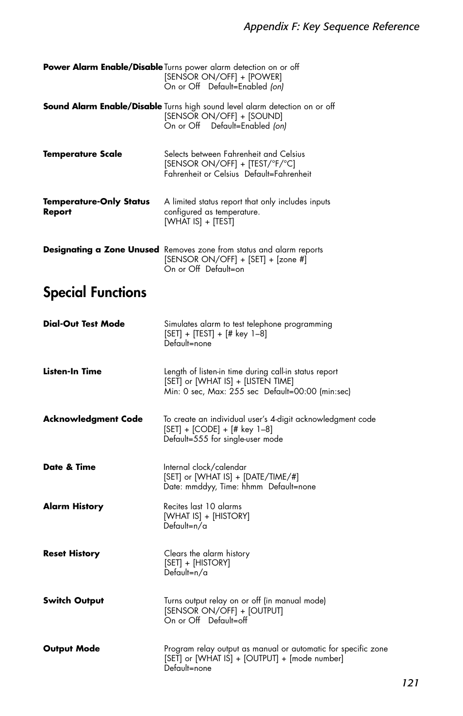 Special functions, Appendix f: key sequence reference 121 | Sensaphone 1400 User Manual | Page 123 / 130