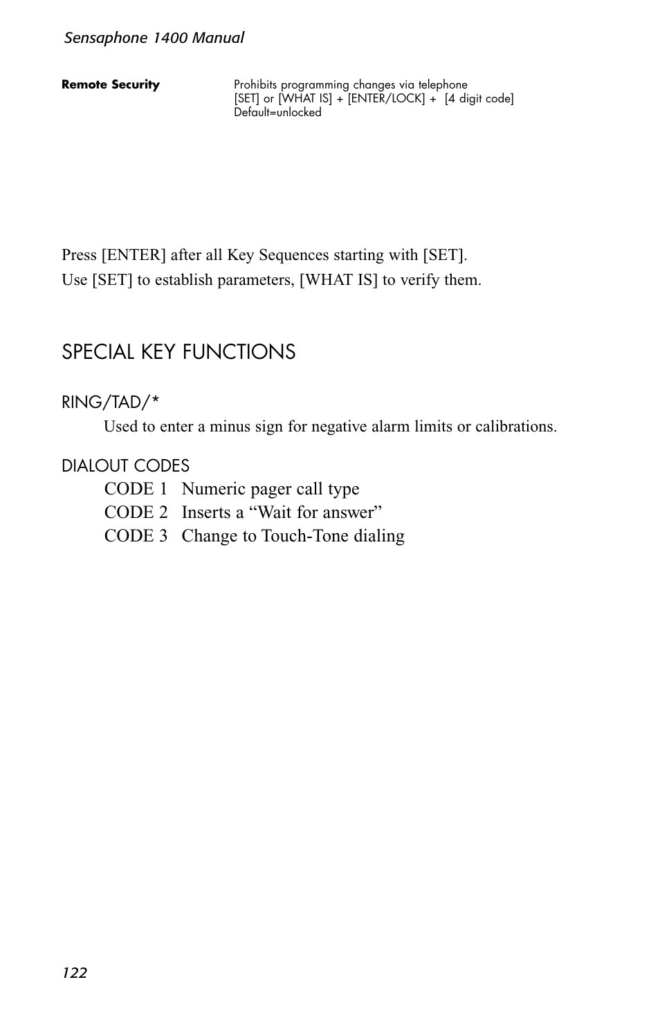 Special key functions | Sensaphone 1400 User Manual | Page 124 / 130