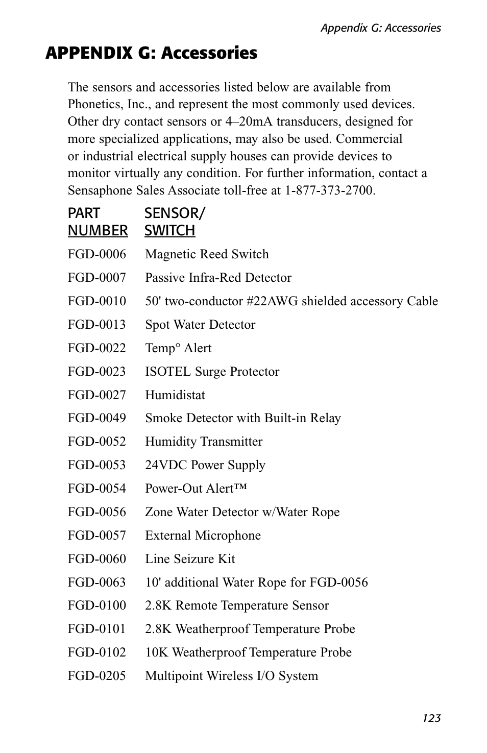 Appendix g: accessories | Sensaphone 1400 User Manual | Page 125 / 130