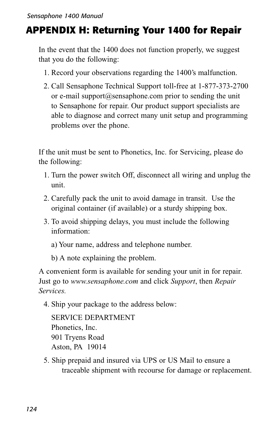 Appendix h: returning your 1400 for repair | Sensaphone 1400 User Manual | Page 126 / 130