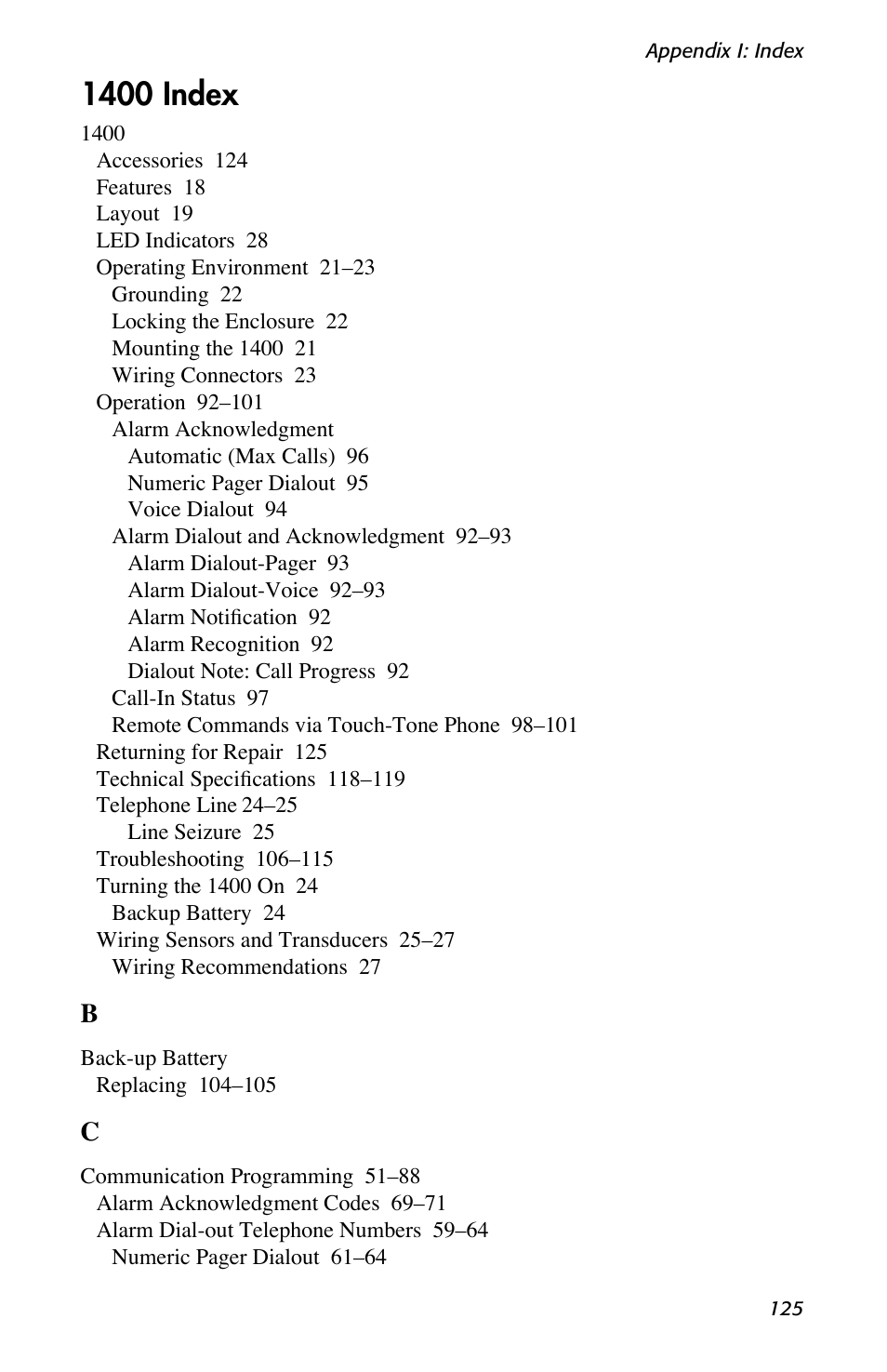 1400 index | Sensaphone 1400 User Manual | Page 127 / 130