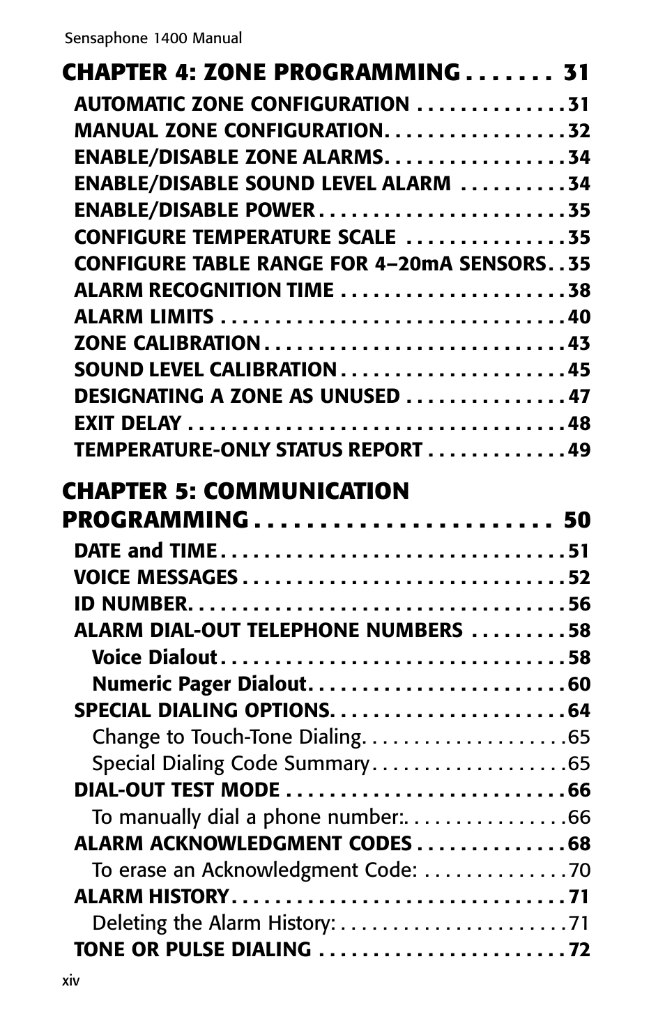 Chapter 4: zone programming, Chapter 5: communication programming | Sensaphone 1400 User Manual | Page 16 / 130